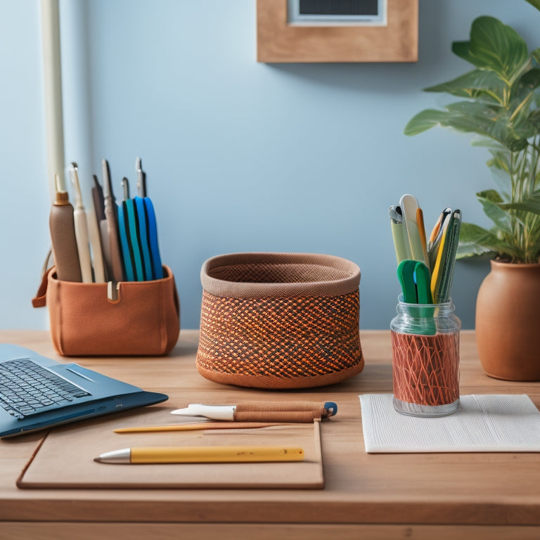 A serene, minimalist workspace with a wooden desk, a sleek laptop, and a few carefully arranged organizing tools: a set of colorful pens, a small planner, and a woven storage basket.