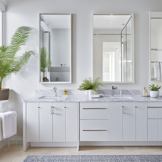 A bright, modern bathroom with gleaming white countertops, a large mirror, and a sleek sink. A wall-mounted cabinet with transparent glass doors reveals a neatly organized interior with stacked baskets and towels.