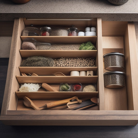 A bright, organized kitchen drawer with 5-7 compartments, each containing a different kitchen item (e.g., utensils, spices, oils), separated by custom, wooden dividers with a natural finish.