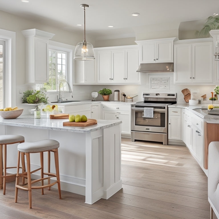 A bright, airy kitchen with creamy white cabinets, warm wood accents, and sleek stainless steel appliances, featuring a large island with built-in cooktop and a few, carefully placed decor pieces.