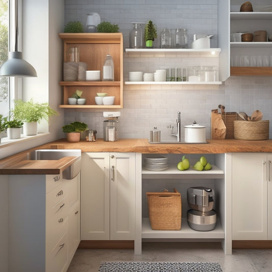 A tidy, modern kitchen with a small sink area, featuring a pull-out drawer beneath the sink, a wall-mounted shelf with baskets, and a pedestal sink with a built-in storage cabinet.