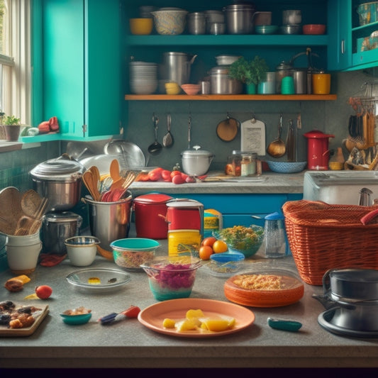 A messy kitchen with overflowing countertops, dirty dishes piled high in the sink, and utensils scattered everywhere, contrasted with a single, spotless drawer or cabinet in the background, with a few neatly organized items.