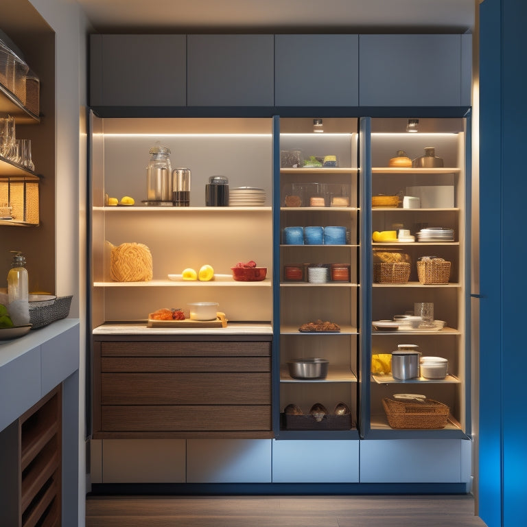 A modern, sleek kitchen with a partially open cupboard door revealing a Tansel storage system: adjustable shelves, baskets, and hooks, organized and illuminated by soft, warm LED lights.