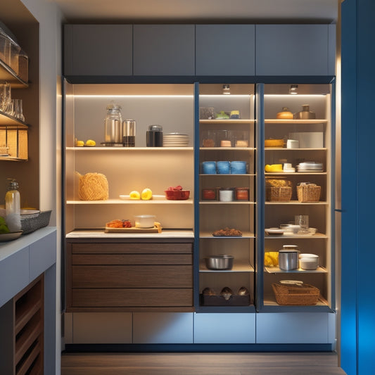 A modern, sleek kitchen with a partially open cupboard door revealing a Tansel storage system: adjustable shelves, baskets, and hooks, organized and illuminated by soft, warm LED lights.