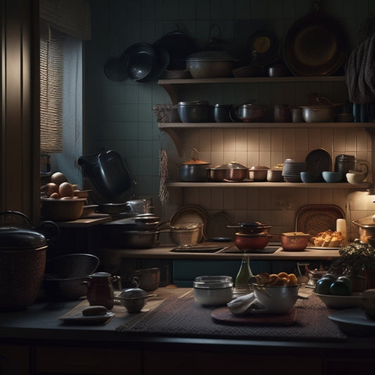 A dimly lit, cluttered kitchen with open cabinet doors revealing stacked dishes, pots, and utensils; a faint light peeks from behind a toaster, suggesting hidden storage.