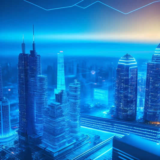 A futuristic cityscape with sleek skyscrapers, interconnected by glowing blue circuits, surrounded by orbiting gears, cogs, and puzzle pieces, symbolizing streamlined business operations and data integration.