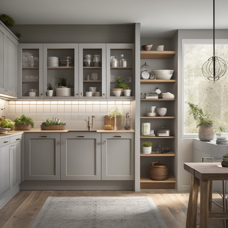 A modern kitchen with varying shelf heights, depths, and materials, featuring a mix of open and closed storage, decorative trim, and subtle LED lighting, surrounded by warm, natural light.