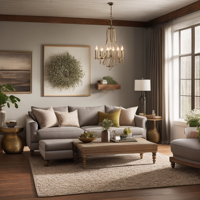 A serene, well-lit interior scene featuring a renovated living room with a plush sectional sofa, reclaimed wood accent wall, and a stunning chandelier above a modern coffee table.