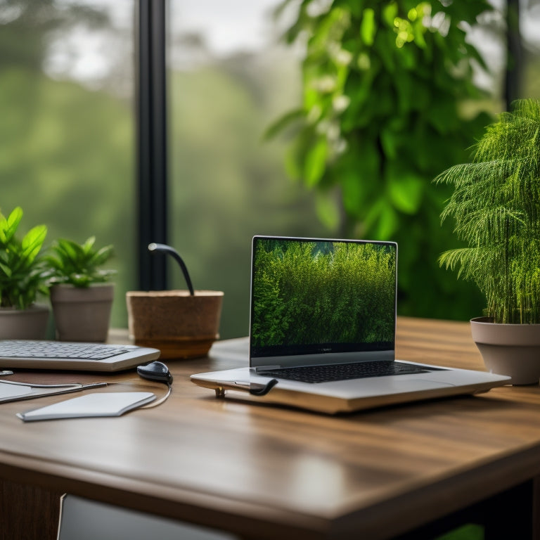 A modern, minimalist workspace with a stethoscope and a laptop, surrounded by lush green plants, on a sleek wooden desk with a blurred cityscape background, symbolizing physicians' online business success.