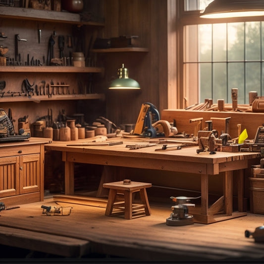 A wooden workbench cluttered with sleek, futuristic woodworking tools, surrounded by half-finished wooden projects, with a 3D printer and robotic arm in the background, amidst a warm, golden lighting.