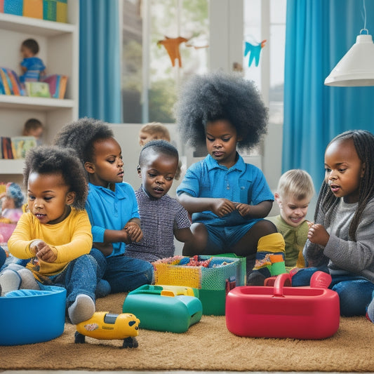 A warm and inviting illustration of a diverse group of children playing and learning together in a bright, well-organized childcare center, surrounded by toys, books, and nurturing caregivers.