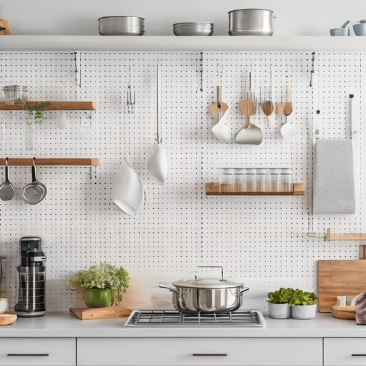 A tidy, modern kitchen with sleek white cabinets, stainless steel appliances, and a minimalist aesthetic, featuring a pegboard with hung utensils, a spice rack, and a utensil organizer on the countertop.