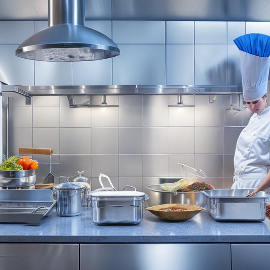 An illustration of a commercial kitchen with a chef in a white hat and gloves, standing at a stainless steel counter, surrounded by utensils and ingredients, with a thermometer and a "Clean" sign in the background.
