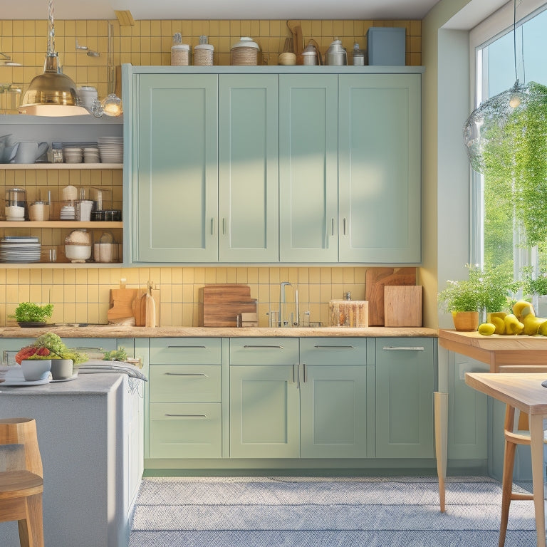 A bright and modern kitchen with sleek, handle-less cabinets, a kitchen island with built-in drawers, and a pegboard with utensils and pots hanging from hooks, surrounded by plenty of natural light.