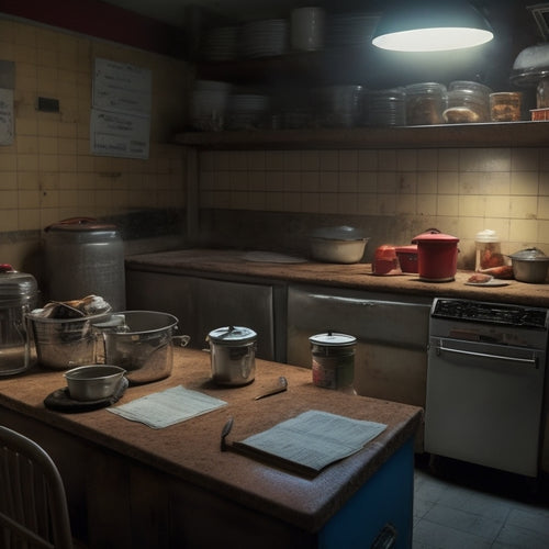 A dimly lit, rundown commercial kitchen with expired food containers, dirty utensils, and cockroaches scurrying across countertops, surrounded by scattered inspection reports with red "Failed" stamps.