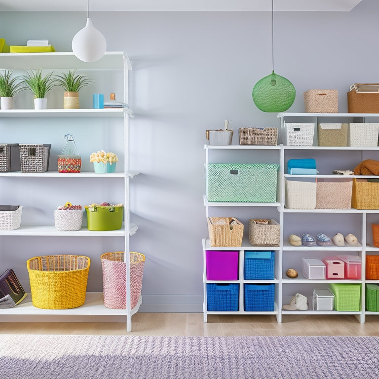 A bright, modern room with floor-to-ceiling shelves, stacked with colorful storage bins and baskets, against a clean white background, with a few strategically placed decorative objects.