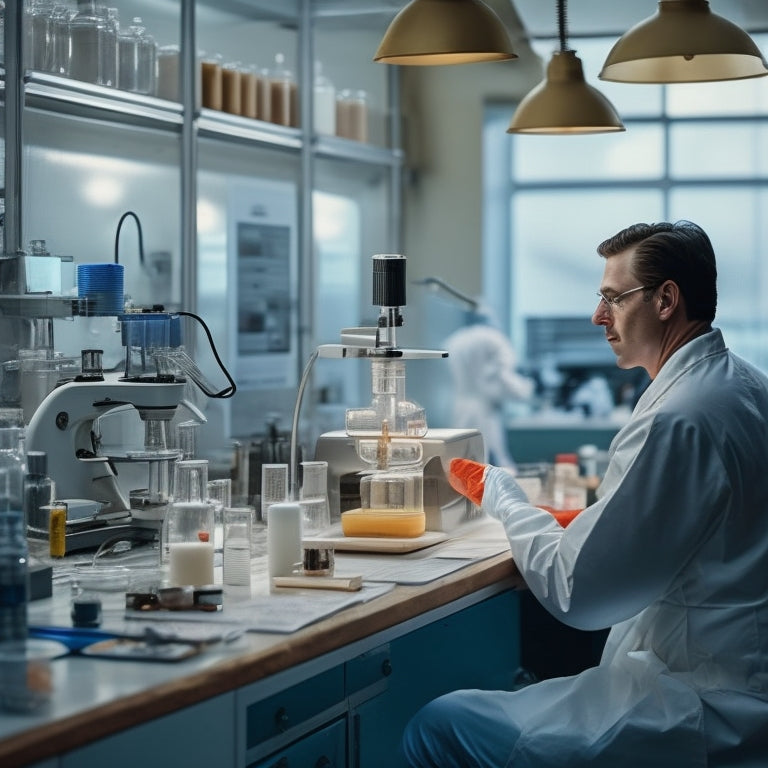 A sterile laboratory setting with a neatly organized workstation, featuring a microscope, petri dishes, and labeled beakers, surrounded by a calm and focused scientist wearing a lab coat and gloves.