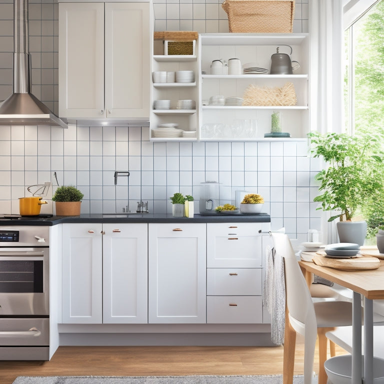 A bright, modern kitchen with sleek white cabinets, where various IKEA organizers are showcased: a utensil holder attached to the side of a cabinet, a pull-out trash can, and a wall-mounted pot rack.