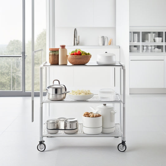 A compact, sleek kitchen cart with three tiers of open shelving, a built-in spice rack, and a stainless steel countertop, set against a crisp white background with soft, natural light.