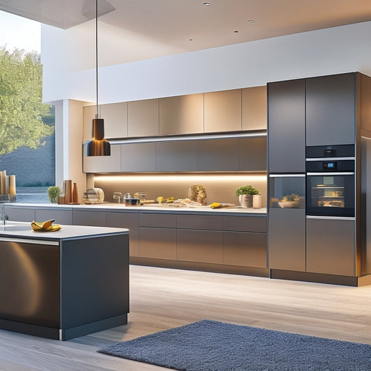 A sleek, modern kitchen with warm lighting, featuring Logica Theca's innovative storage solutions: a floor-to-ceiling cabinet with sliding glass doors, a kitchen island with built-in cooktop, and a backsplash with subtle LED lights.