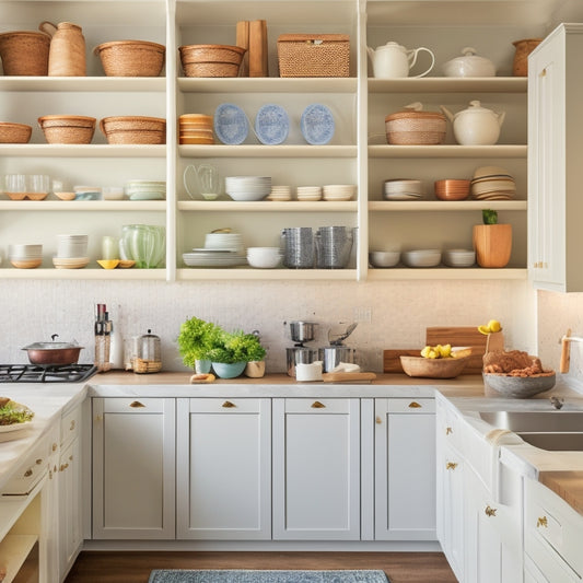 A clean and airy kitchen with open cabinets showcasing organized cookware, utensils, and dinnerware on adjustable shelves and hooks, with a few strategically placed decorative items.