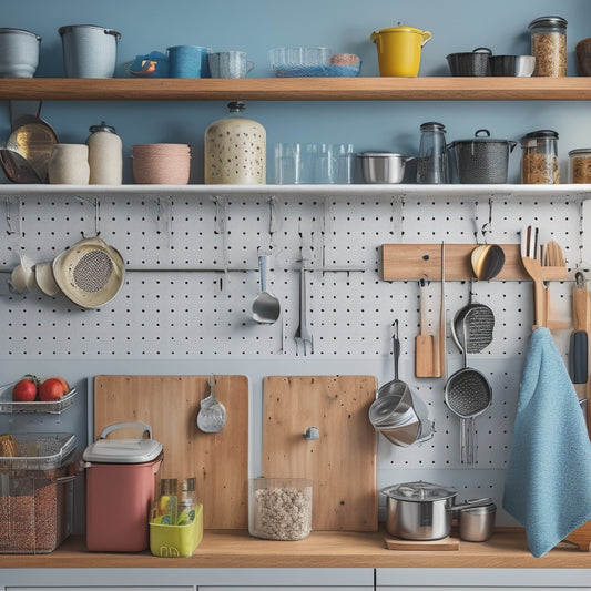 A clutter-free kitchen with a pegboard on the wall, holding various utensils and pots, adjacent to a drawer with dividers, a pull-out trash can, and a cart with labeled baskets.