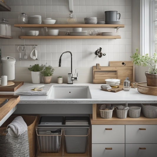 A tidy, L-shaped kitchen countertop with a small, white sink, surrounded by a mix of wooden and metal organizers, baskets, and trays, showcasing a harmonious blend of storage and functionality.