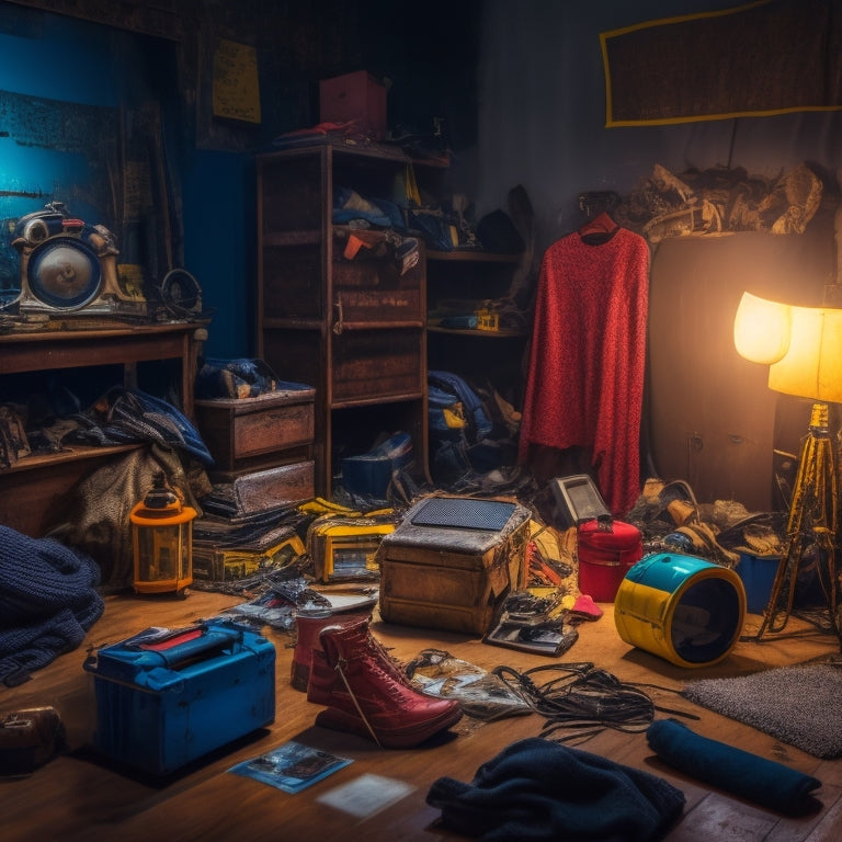 A cluttered, dimly lit room with piles of unnecessary items, such as a broken vacuum, old electronics, and trendy clothing, surrounded by caution tape and a single, shining "do not enter" sign.