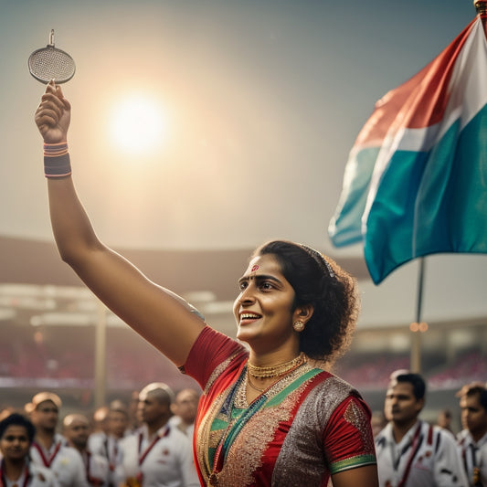 A triumphant Indian woman badminton player, with a silver medal around her neck, holds her racket aloft in victory, surrounded by a blurred stadium crowd and fluttering Indian flags.