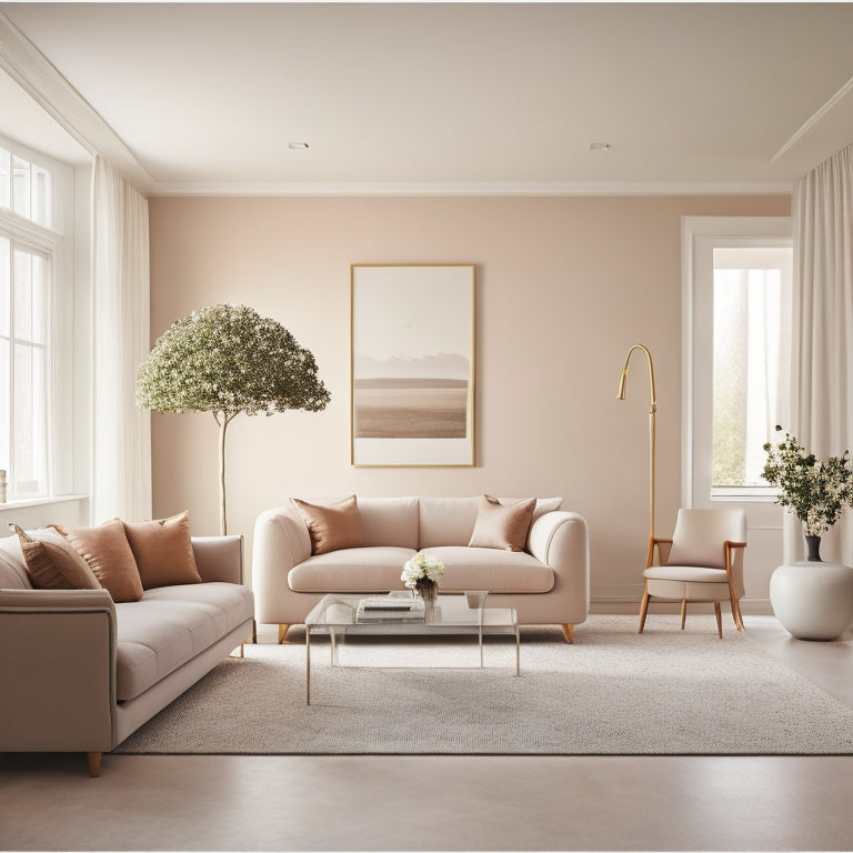 A serene, high-ceilinged living room with cream-colored walls, featuring a plush, light beige carpet with subtle texture, surrounded by sleek, minimalist furniture and floor-to-ceiling windows.