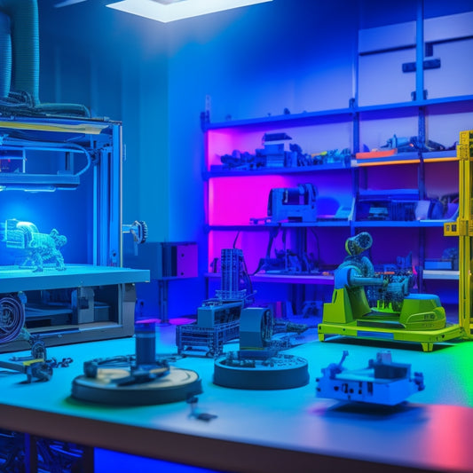 A futuristic workshop with colorful 3D printers and half-finished projects, surrounded by scattered blueprints, gears, and tools, with a glowing robotic arm reaching out to grab a freshly printed object.