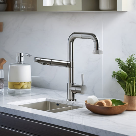 A sleek, modern kitchen sink with a stainless steel faucet, surrounded by gleaming accessories: a soap dispenser, a sponge holder, and a built-in water filter, set against a clean, white marble countertop.