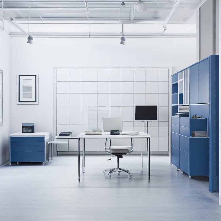 A modern, minimalist office with a sleek, silver Safco blueprint storage unit against a crisp white wall, surrounded by neatly rolled blueprints and a few scattered drafting tools.