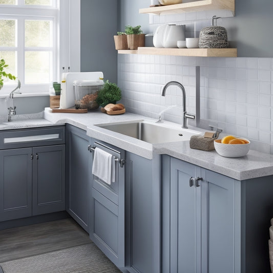 A tidy, modern kitchen sink area with a slide-out trash can, a pull-down faucet, and a pedestal organizer with stacked baskets and a built-in soap dispenser, set against a light-gray quartz countertop.