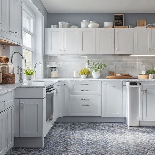 A bright, modern kitchen with sleek countertops and soft lighting, featuring a corner cabinet with a Lazy Susan, baskets, and a pull-out trash can, showcasing organized storage solutions.