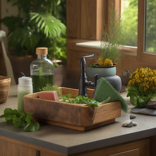 A bright, organized kitchen sink area with a rustic wooden caddy, holding a soap dispenser, scrubber, and sponge, surrounded by lush greenery and a few stylish decorative stones.