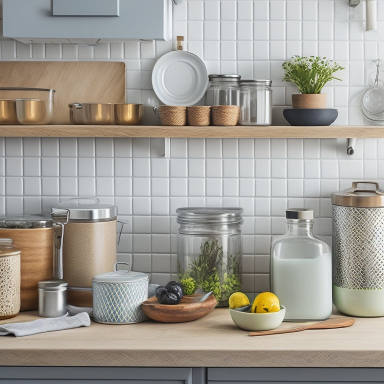 A bright, modern kitchen with a tidy countertop, featuring a wooden lid organizer with neatly stacked lids of various sizes, alongside a few open jars and cans, surrounded by subtle kitchen utensils.