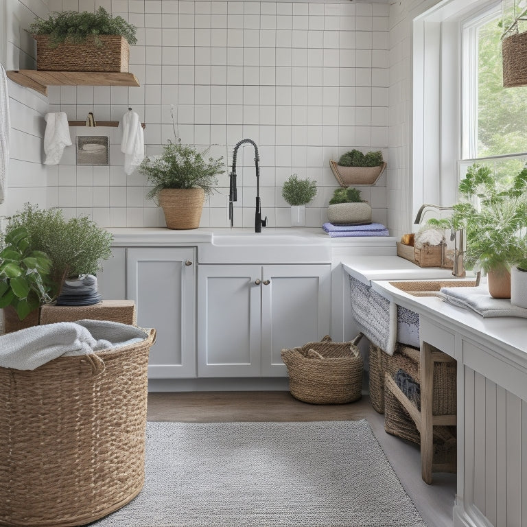 An organized laundry room with a large, farmhouse-style sink, white shiplap walls, and a natural wood folding table, surrounded by woven baskets and a few potted plants, with warm, soft lighting.