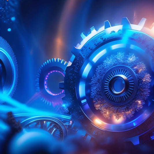 An illustration of a strong, glowing gear emerging from a complex system of interconnected cogs, with radiating lines and sparks, set against a dark blue background with subtle gradient effects.