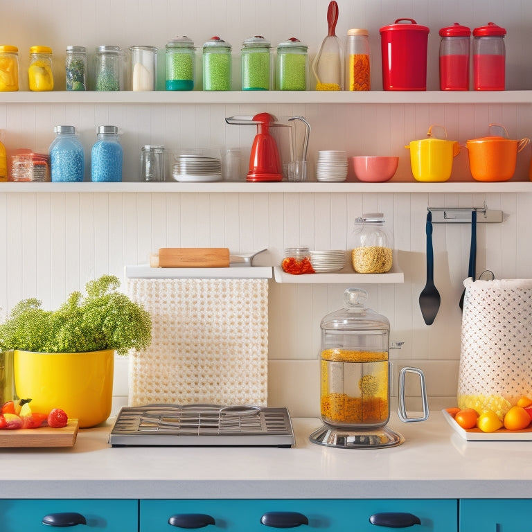 A bright, modern kitchen with a organized countertop featuring a utensil holder, a tiered spice rack, and a set of labeled jars, alongside a few strategically placed kitchen gadgets and tools.