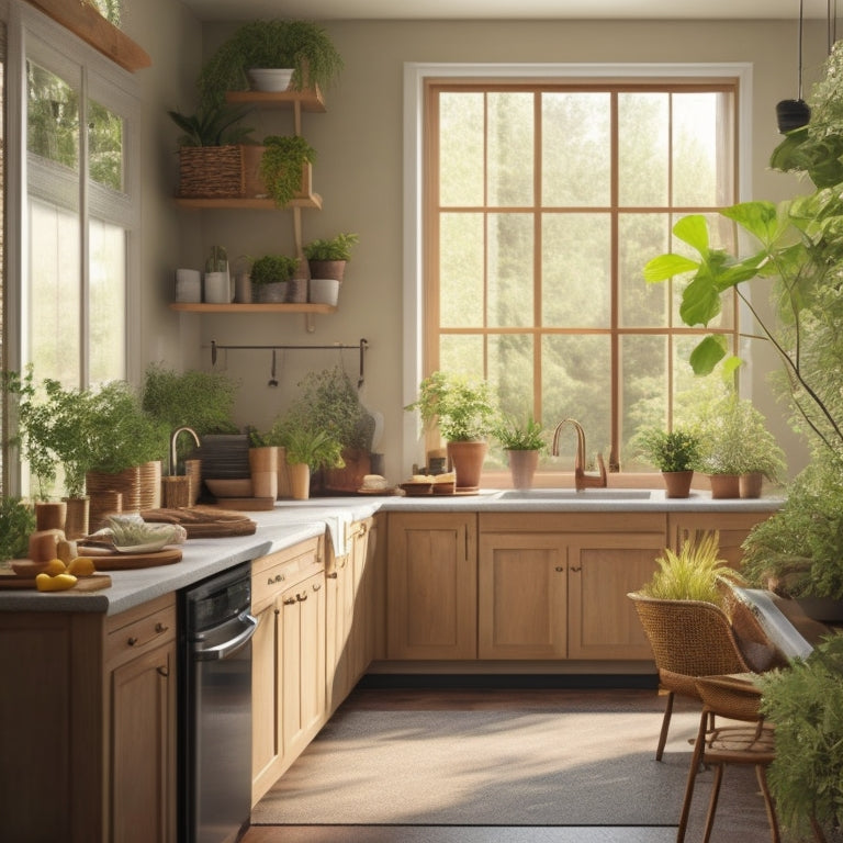 A serene kitchen interior with warm, honey-toned wooden cabinets, soft gray countertops, and a large window allowing natural light to pour in, surrounded by lush greenery and a few potted plants.