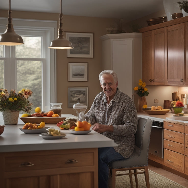 A warm, well-lit kitchen with a senior adult in the background, surrounded by organized cabinetry, a compact island with built-in utensil organizers, and a minimalist countertop with a few, carefully chosen appliances.