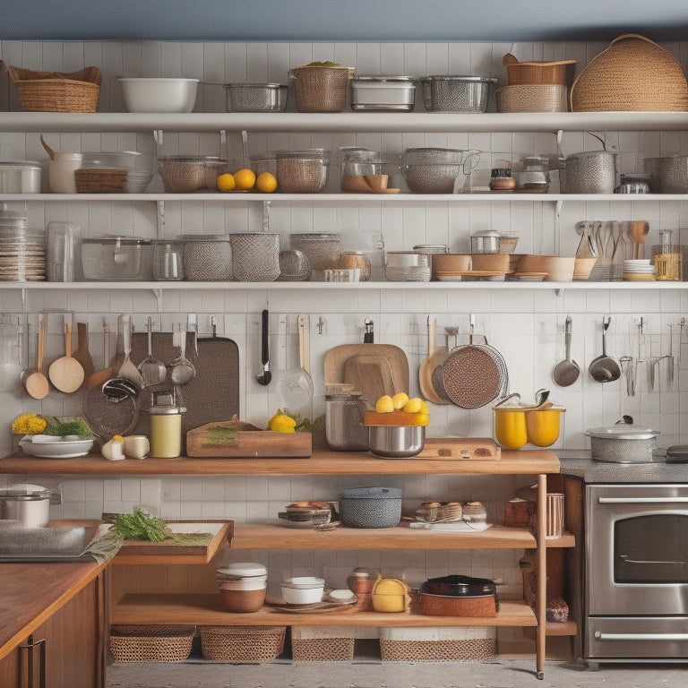 A cluttered small kitchen with opened cabinets revealing disorganized cookware, utensils, and food items, contrasted with a customized organization system featuring sleek cabinets, pull-out shelves, and a pegboard.