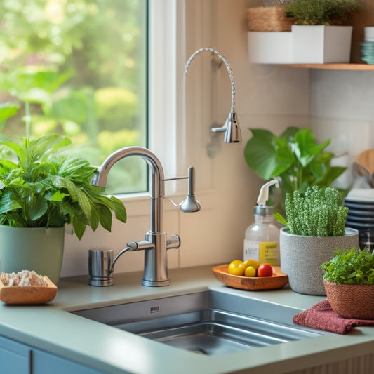 A tidy kitchen sink area with a stainless steel sink, a soap dispenser, a sponge holder, and a utensil organizer, all neatly arranged and surrounded by a few fresh green plants.