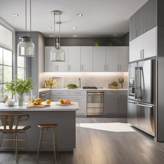 A bright, modern kitchen with a U-shaped layout, featuring a sink beneath a large window, a stainless steel refrigerator, and a cooking range with a pendant light above, surrounded by sleek, grey cabinets.