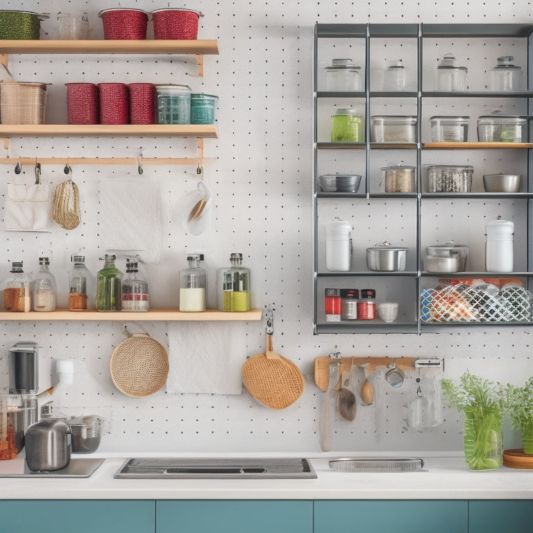 A tidy, modern apartment kitchen with a small footprint, featuring a pegboard on a wall, a pull-out spice rack, and a stack of colorful, neatly labeled containers on a countertop.