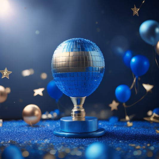 A golden trophy or medal with a subtle LinkedIn logo embedded on it, surrounded by confetti and balloons in shades of blue and white, on a dark blue or black background.