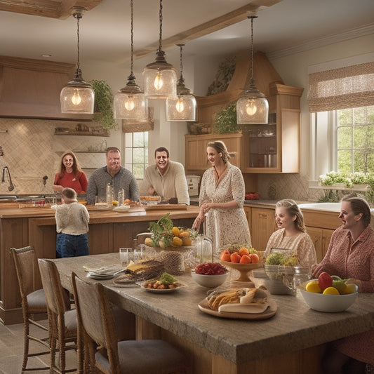 A warm and inviting kitchen with a large center island, pendant lighting, and a farmhouse sink, surrounded by a bustling gathering of happy family members and friends, with plenty of food and drinks.