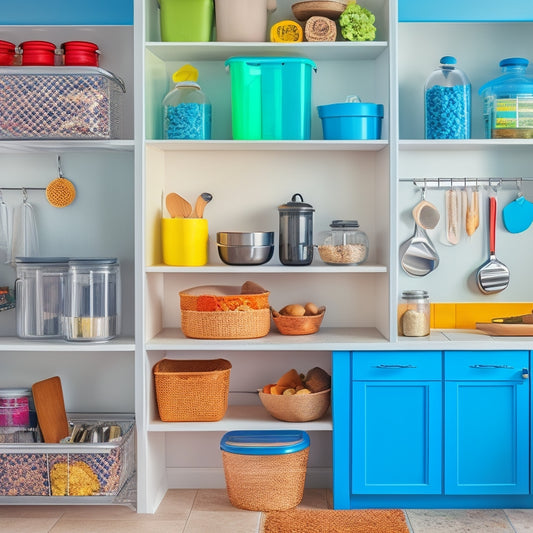 A bright, organized kitchen with a utensil organizer on the wall, a spice rack on the counter, and a trash can with a secure lid, surrounded by a few strategically placed safety mats.