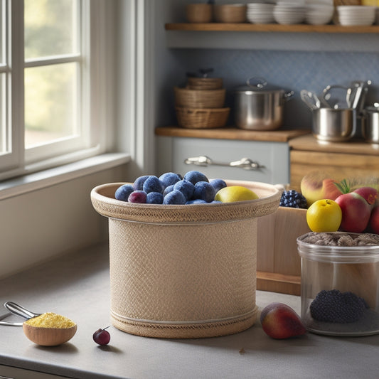 A tidy kitchen counter with a labeled gluten-free flour bin, a basket of fresh fruits, and a utensil holder filled with colorful, ergonomic handles, set against a calm, creamy background.